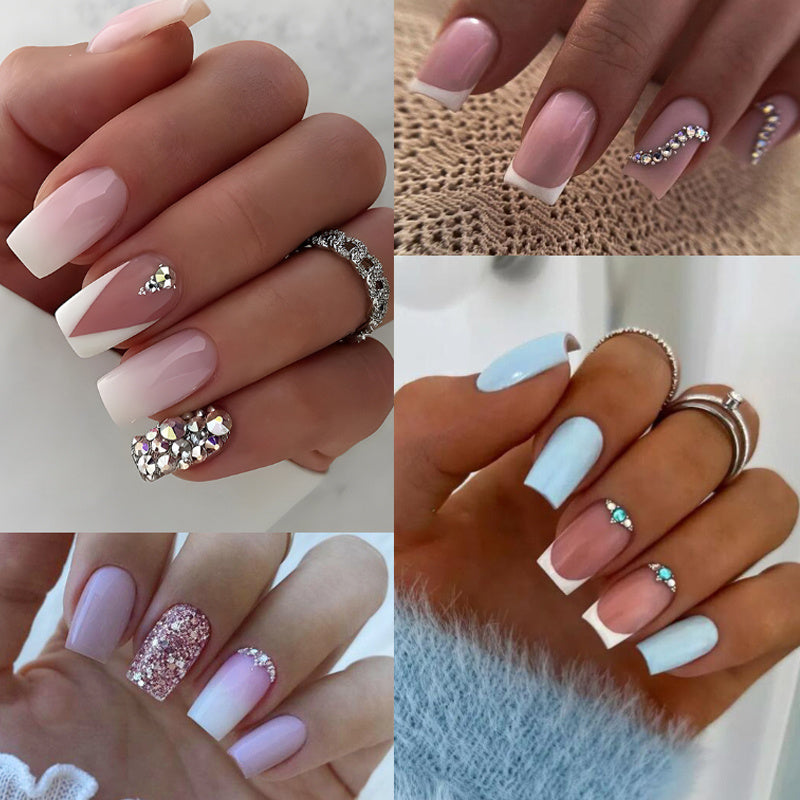96PCS (4 PACK) Gradient Press on Nails with Rhinestones Design, Glossy Pink Ombre Medium Square False Nails Gel Glue on Nails Simple Crystal Manicure Art Acrylic Fake Nails Stick on Nails for Women Girls